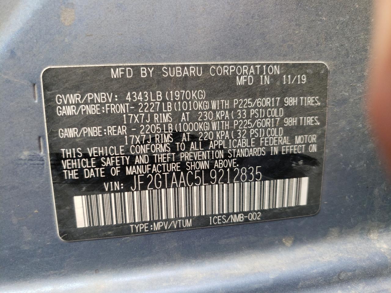 Photo 10 from auction – 2020 SUBARU CROSSTREK with VIN JF2GTAAC5L9212835