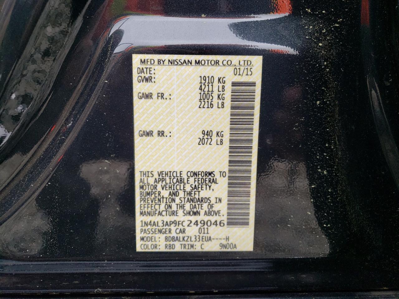 Photo 10 from auction – 2015 NISSAN ALTIMA 2.5 with VIN 1N4AL3AP9FC249046