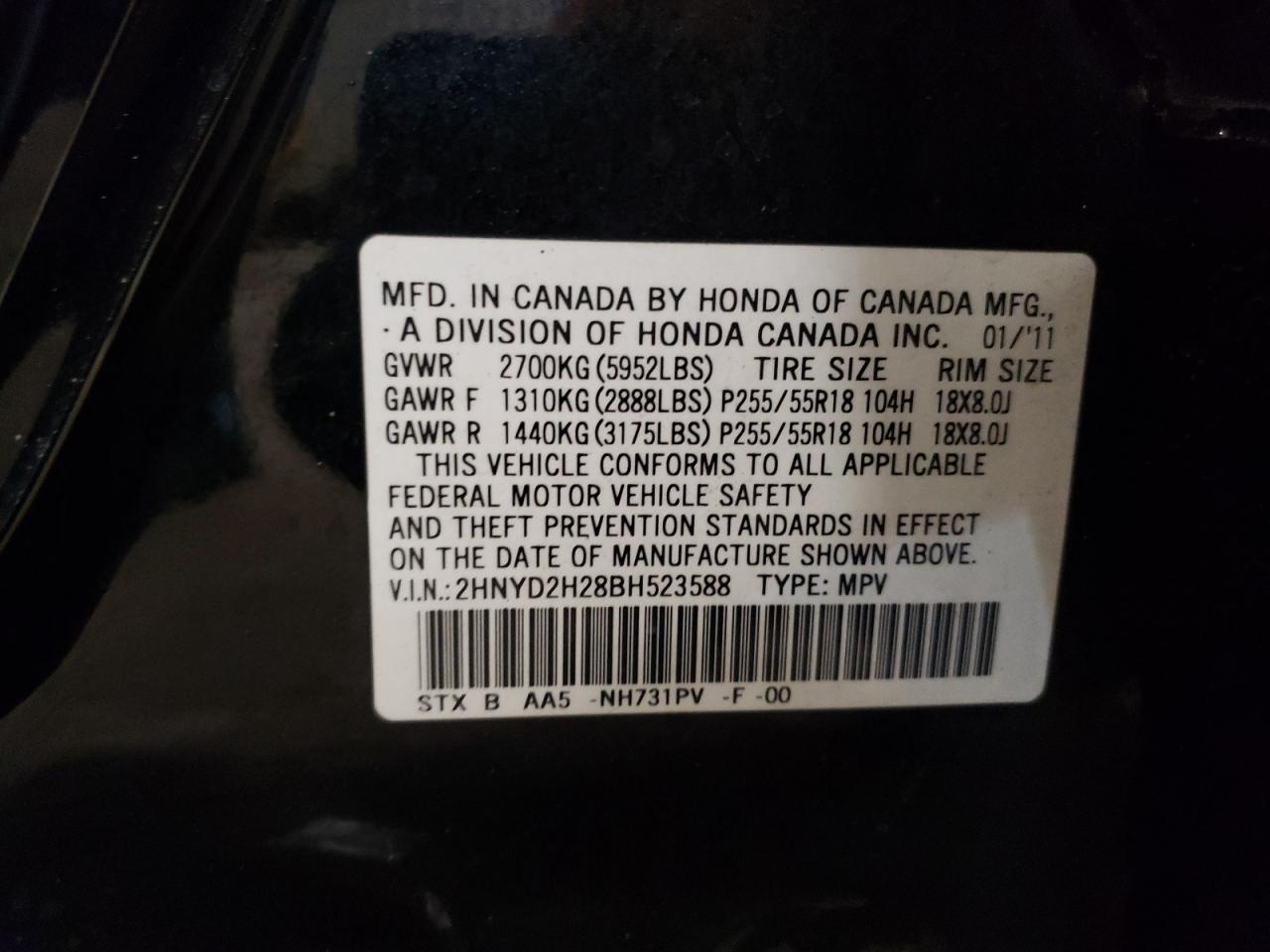 Photo 10 from auction – 2011 ACURA MDX with VIN 2HNYD2H28BH523588