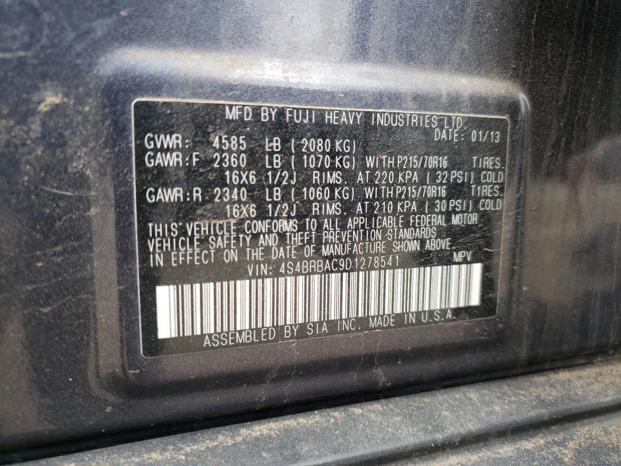 Photo 10 from auction – 2013 SUBARU OUTBACK 2. with VIN 4S4BRBAC9D1278541
