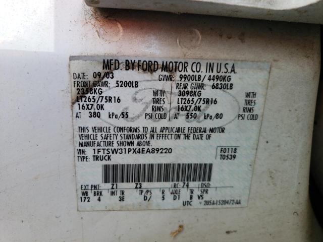 Photo 10 from auction – 2004 FORD F350 SRW S with VIN 1FTSW31PX4EA89220