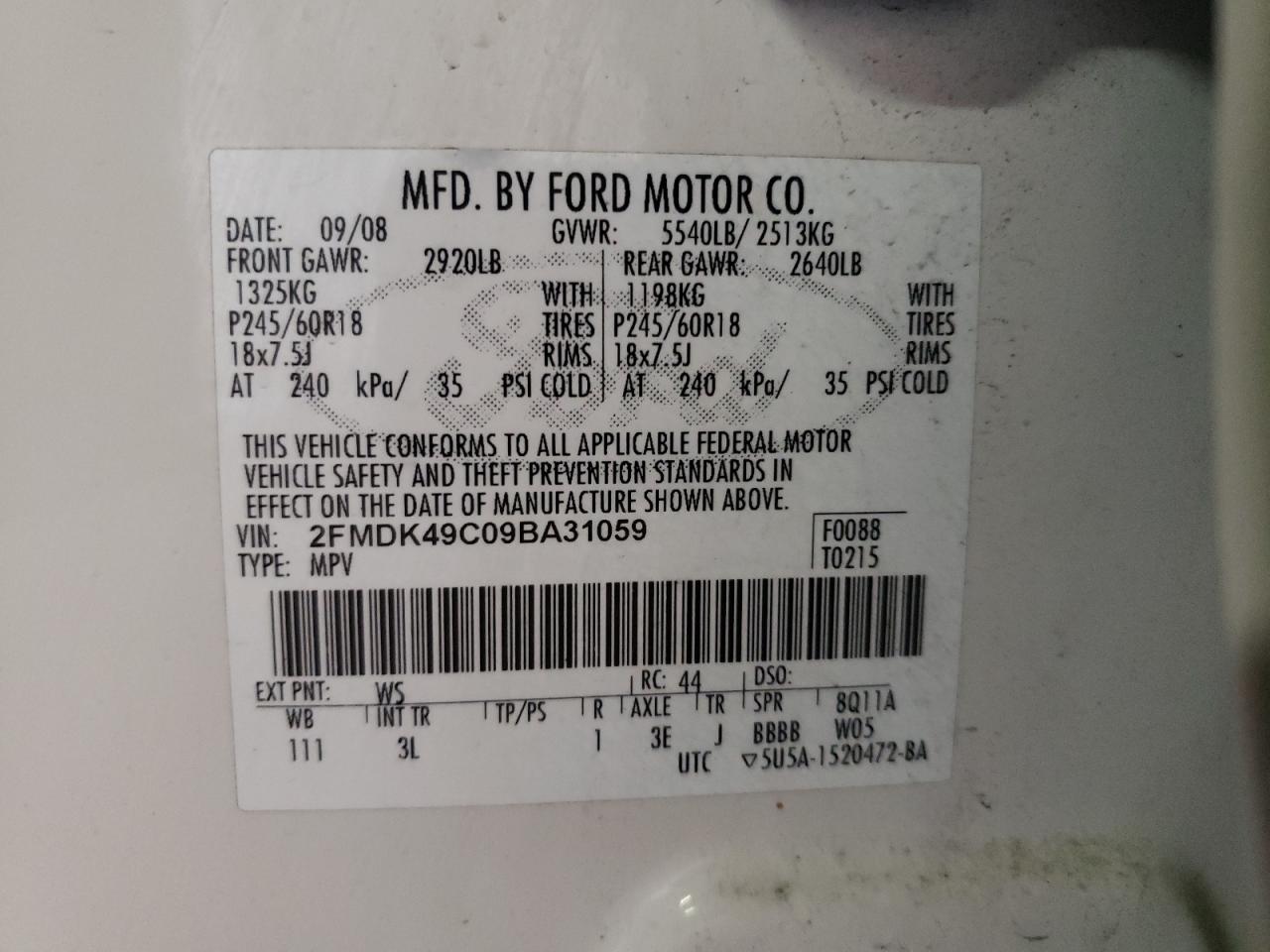 Photo 10 from auction – 2009 FORD EDGE LIMIT with VIN 2FMDK49C09BA31059