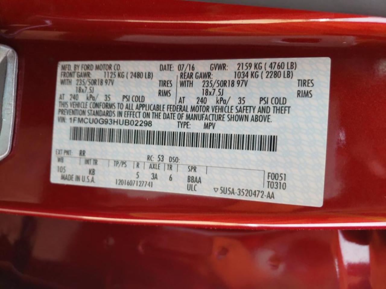 Photo 10 from auction – 2017 FORD ESCAPE SE with VIN 1FMCU0G93HUB02298