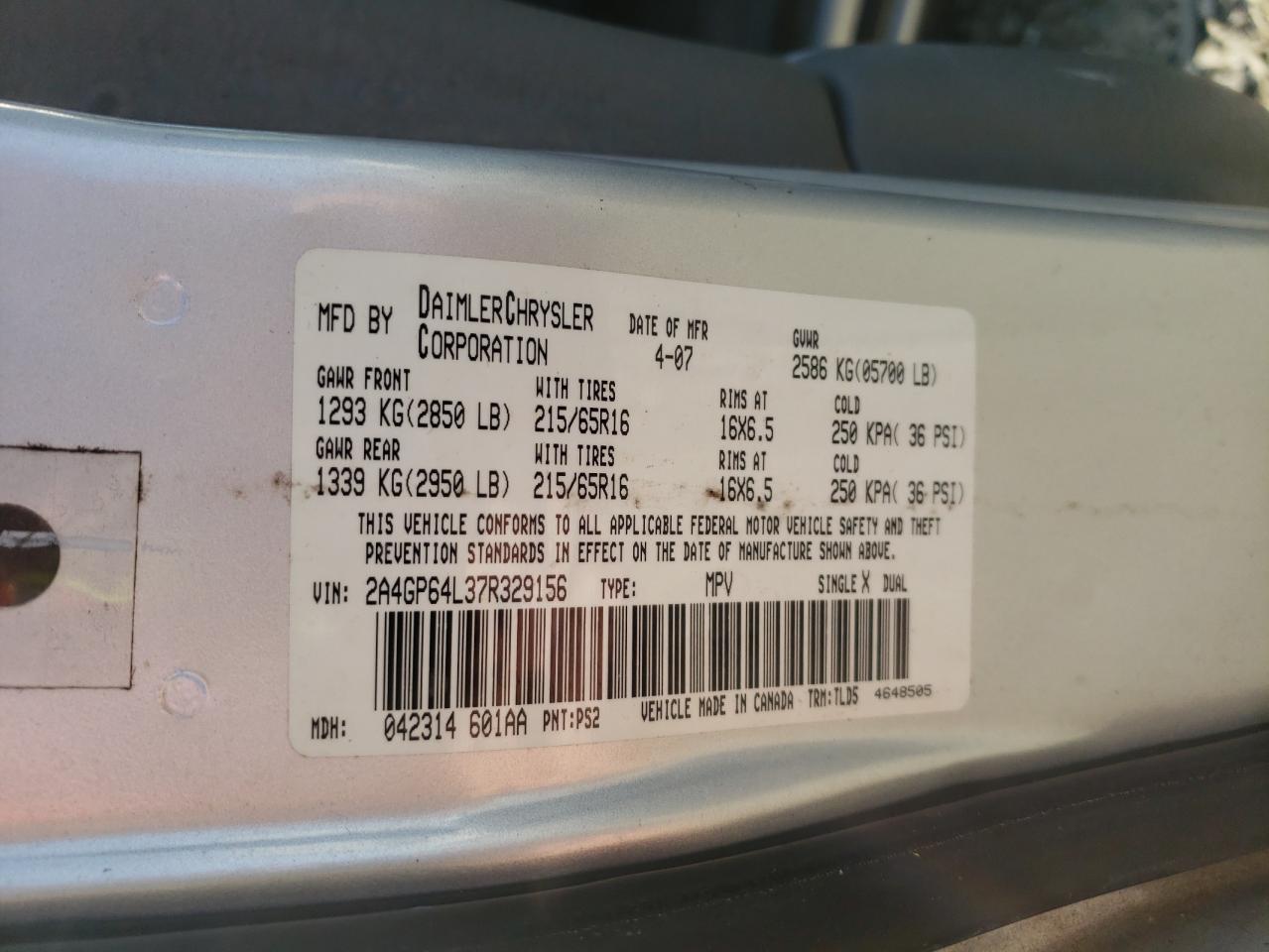 Photo 10 from auction – 2007 CHRYSLER TOWN & COU with VIN 2A4GP64L37R329156