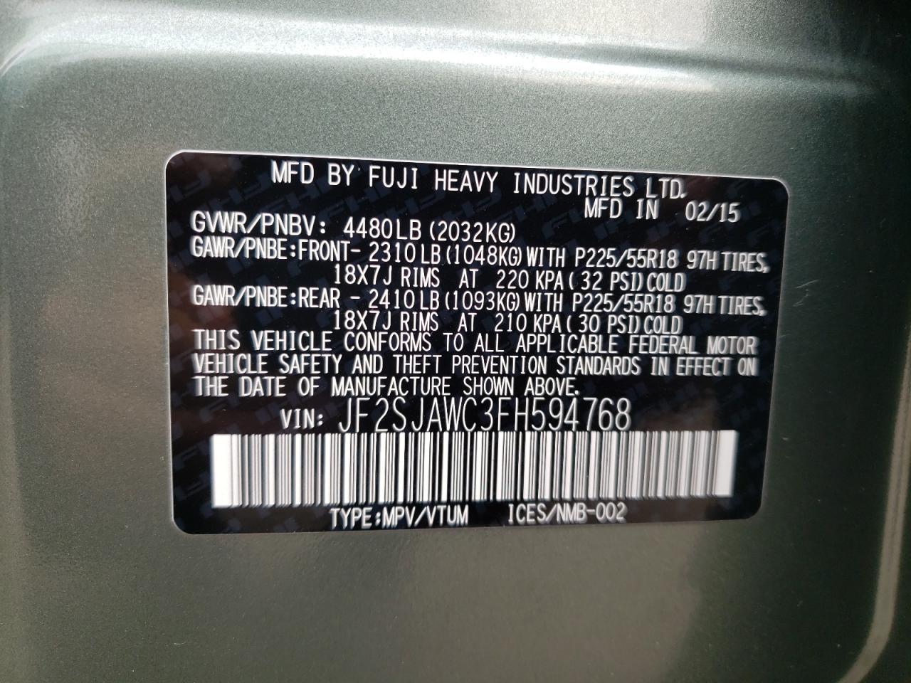 Photo 10 from auction – 2015 SUBARU FORESTER 2 with VIN JF2SJAWC3FH594768
