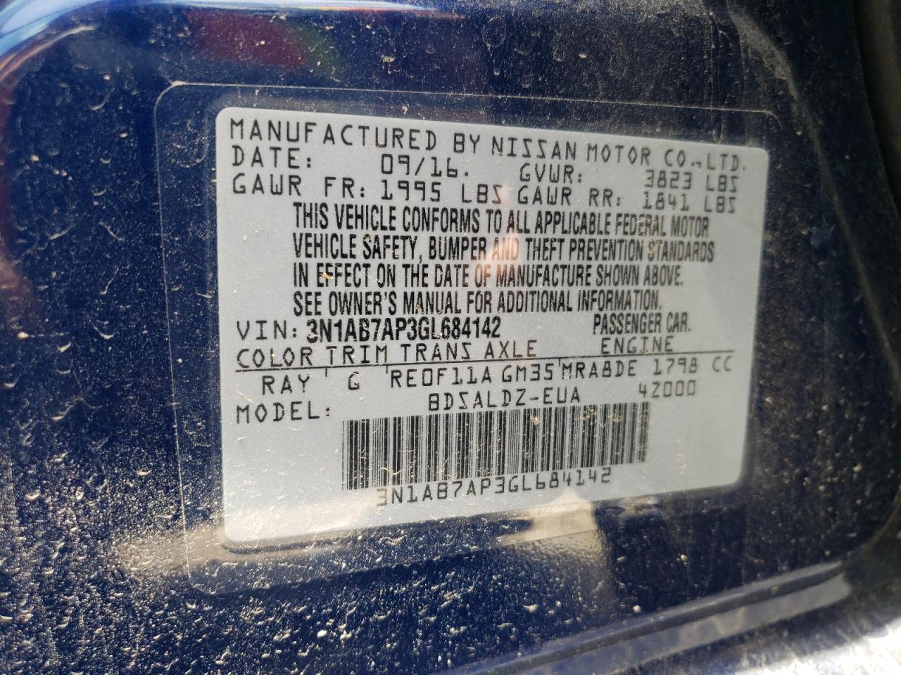 Photo 20 from auction – 2016 NISSAN SENTRA S with VIN 3N1AB7AP3GL684142