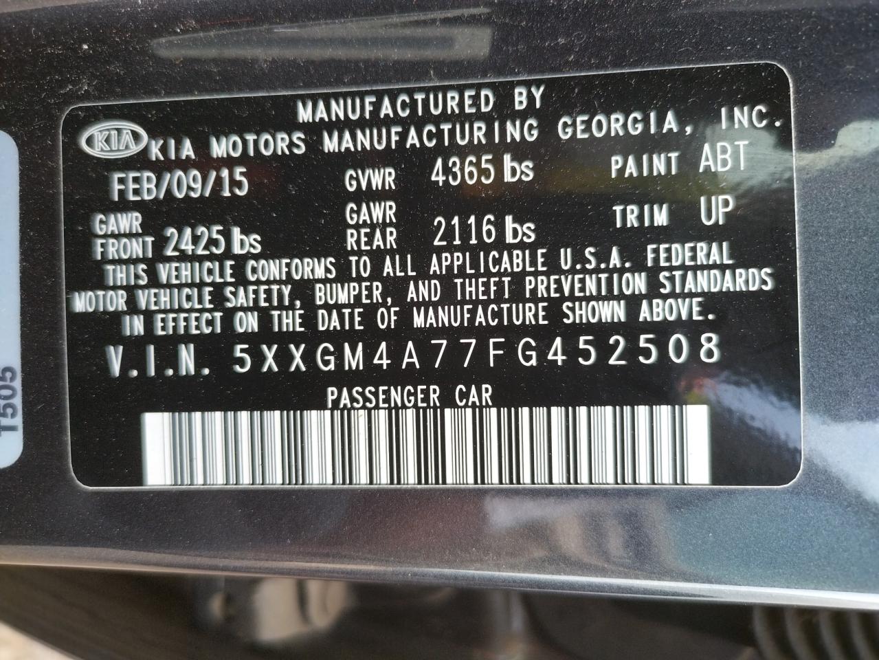 Photo 10 from auction – 2015 KIA OPTIMA LX with VIN 5XXGM4A77FG452508