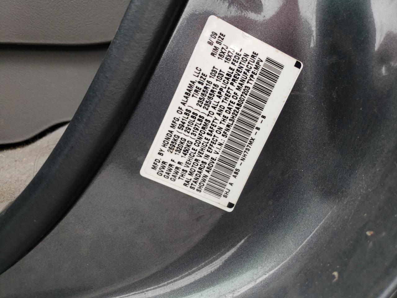 Photo 10 from auction – 2010 HONDA ODYSSEY LX with VIN 5FNRL3H22AB007203