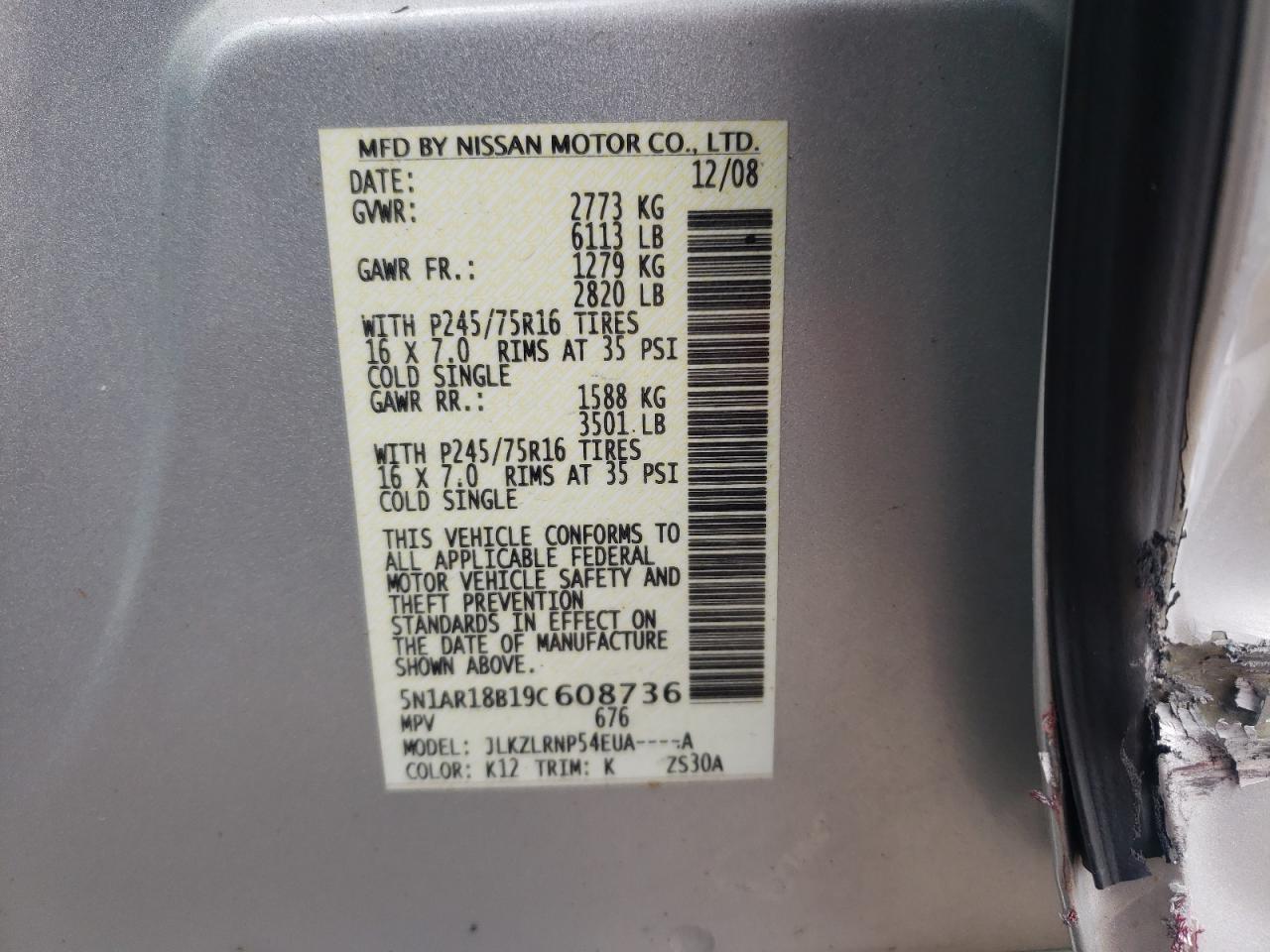 Photo 10 from auction – 2009 NISSAN PATHFINDER with VIN 5N1AR18B19C608736