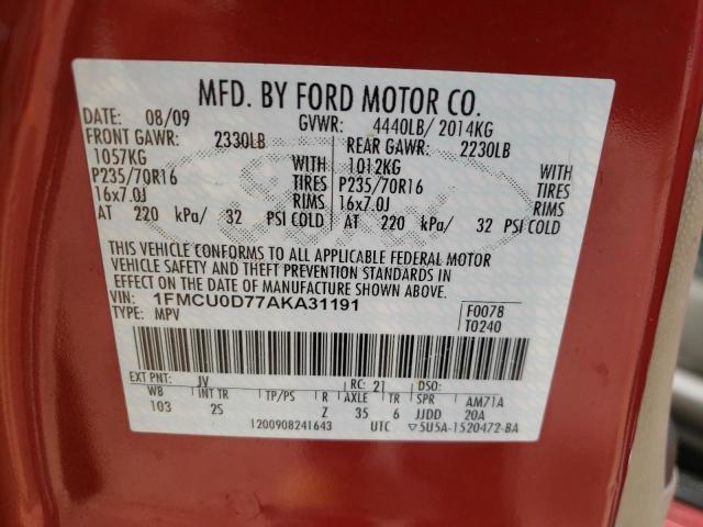 Photo 10 from auction – 2010 FORD ESCAPE XLT with VIN 1FMCU0D77AKA31191