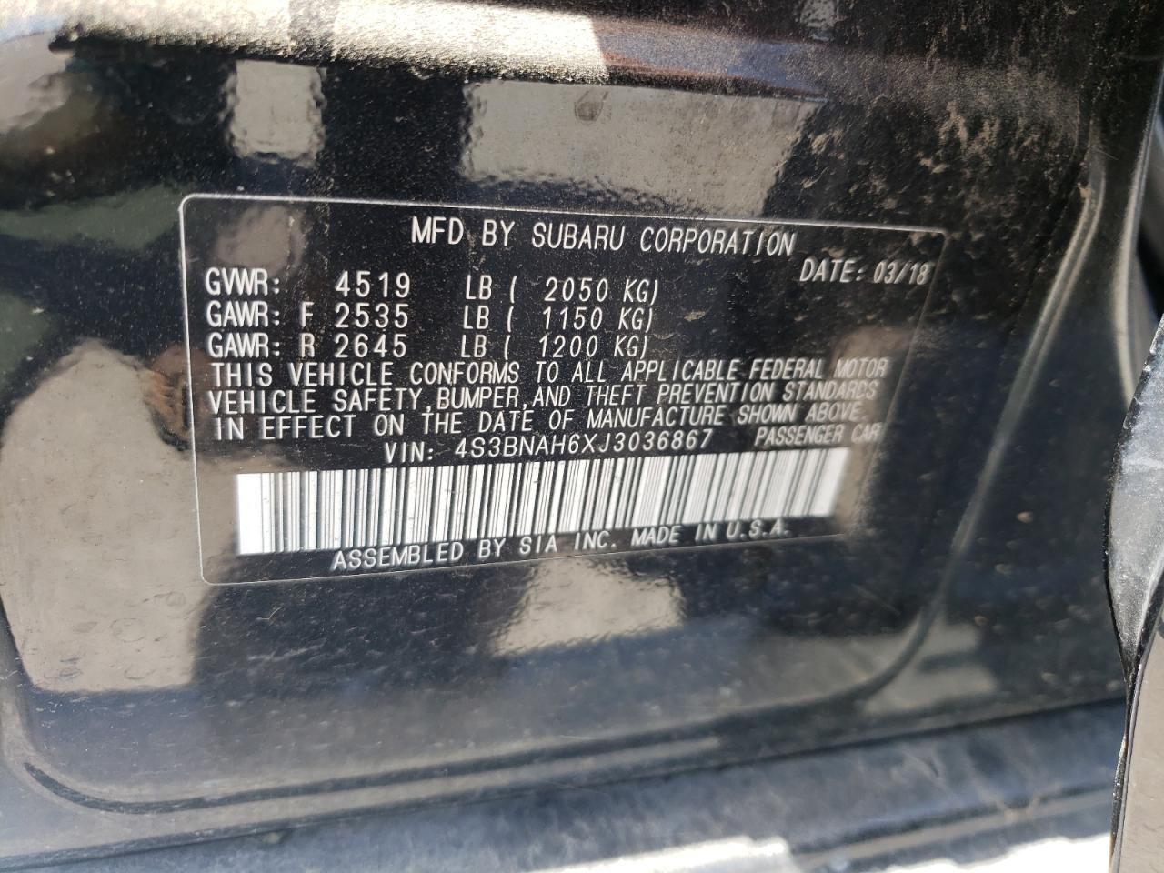 Photo 10 from auction – 2018 SUBARU LEGACY 2.5 with VIN 4S3BNAH6XJ3036867