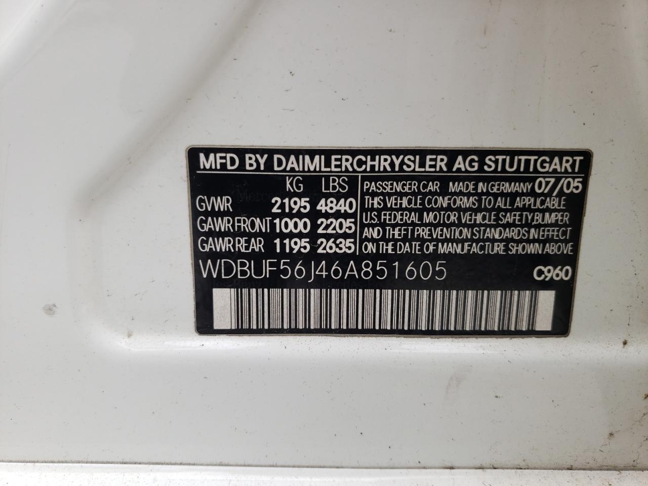 Photo 10 from auction – 2006 MERCEDES-BENZ E 350 with VIN WDBUF56J46A851605