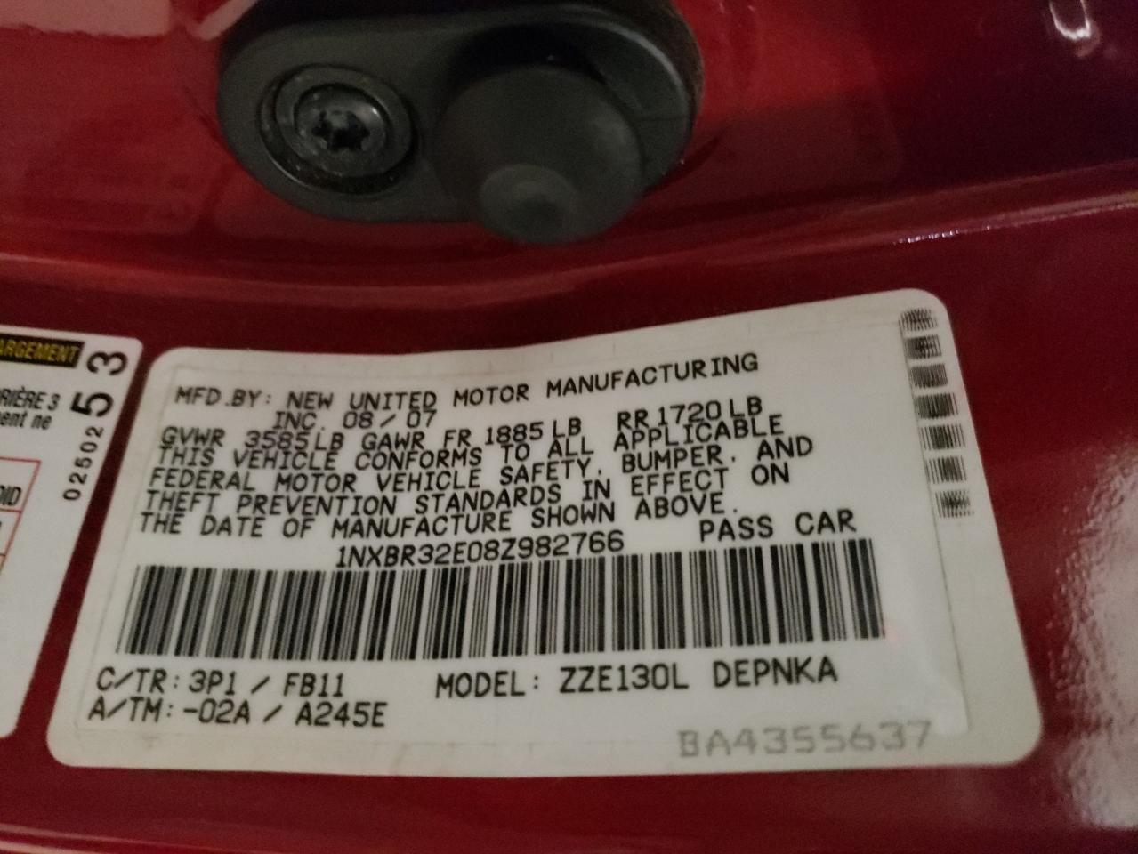 Photo 10 from auction – 2008 TOYOTA COROLLA CE with VIN 1NXBR32E08Z982766