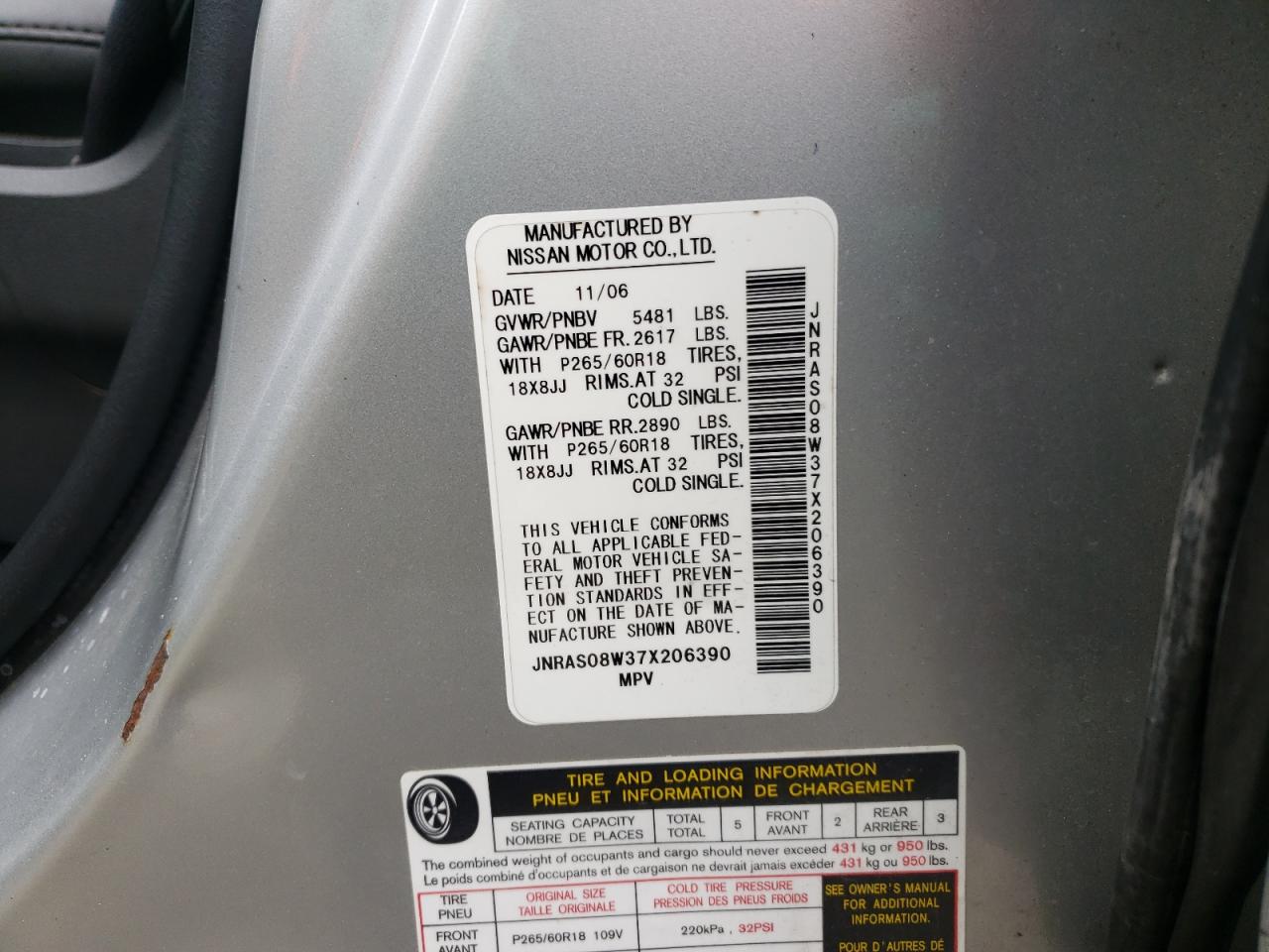 Photo 10 from auction – 2007 INFINITI FX35 with VIN JNRAS08W37X206390