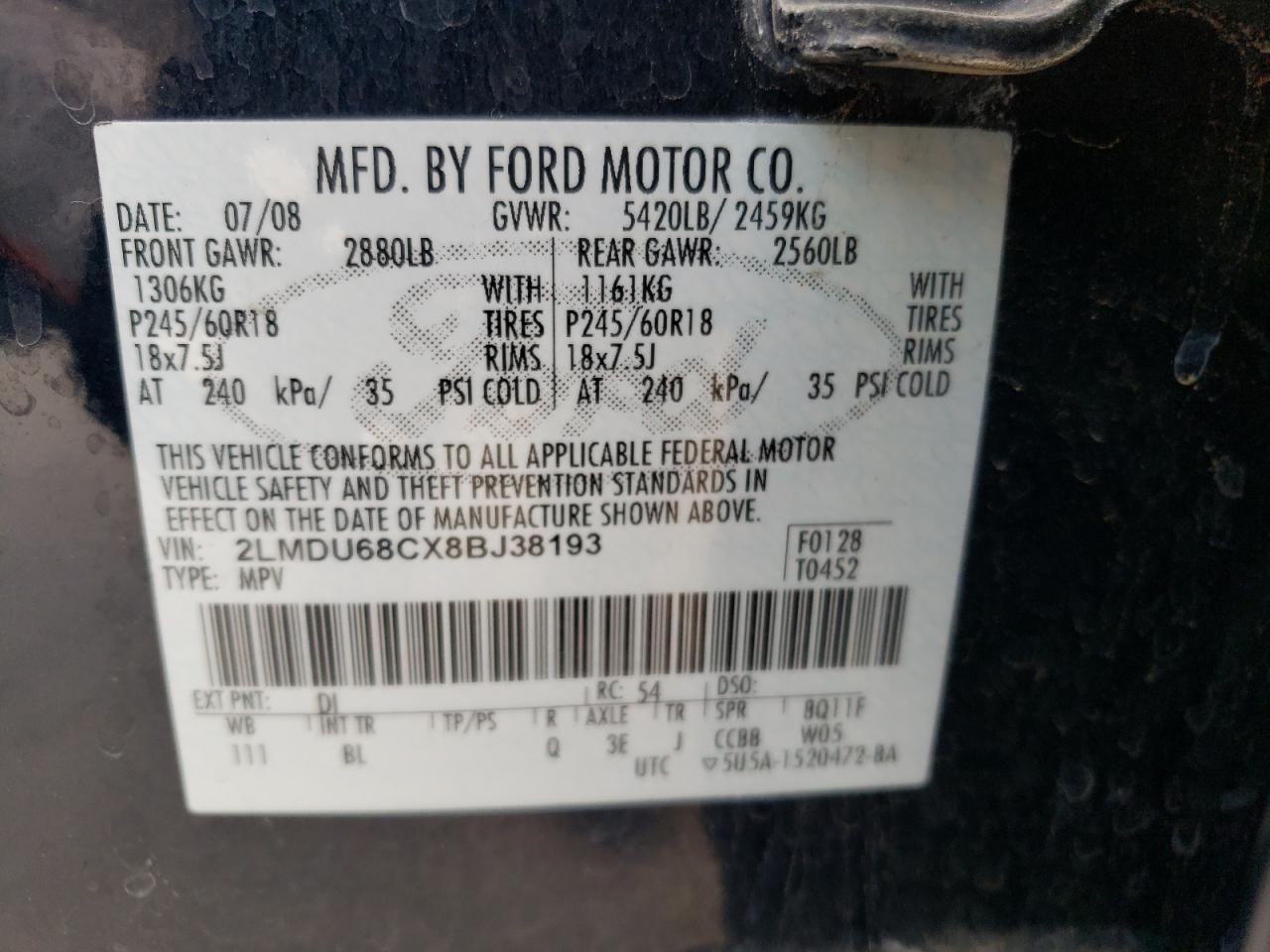 Photo 10 from auction – 2008 LINCOLN MKX with VIN 2LMDU68CX8BJ38193