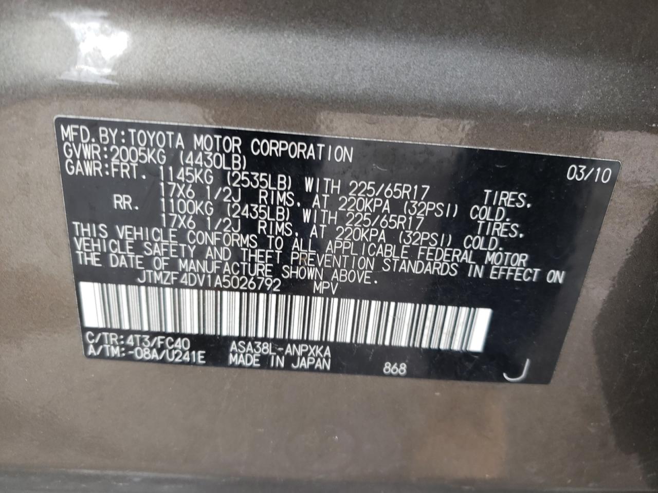 Photo 10 from auction – 2010 TOYOTA RAV4 with VIN JTMZF4DV1A5026792