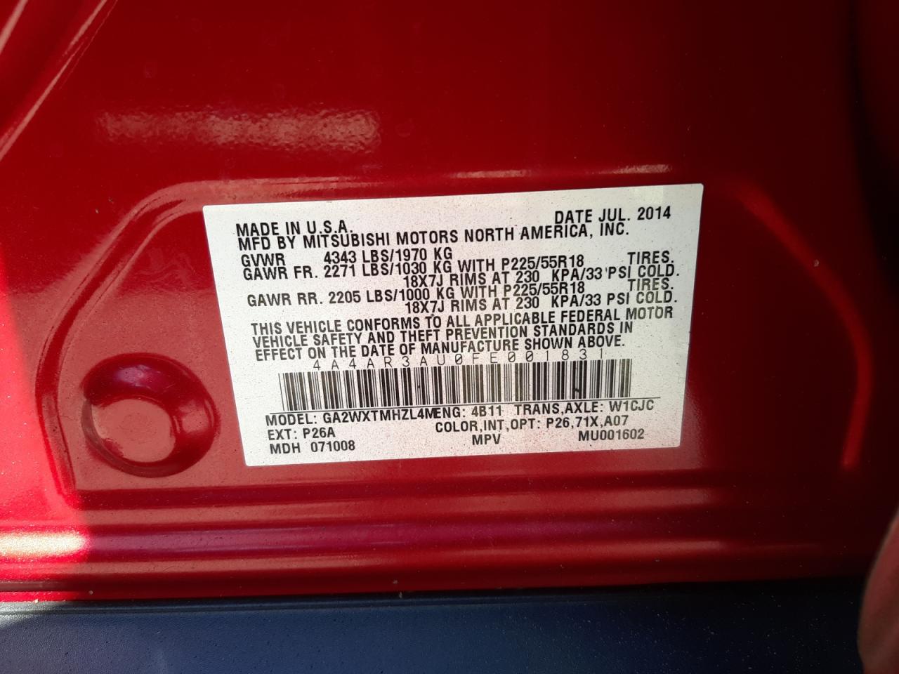 Photo 10 from auction – 2015 MITSUBISHI OUTLANDER with VIN 4A4AR3AU0FE001831