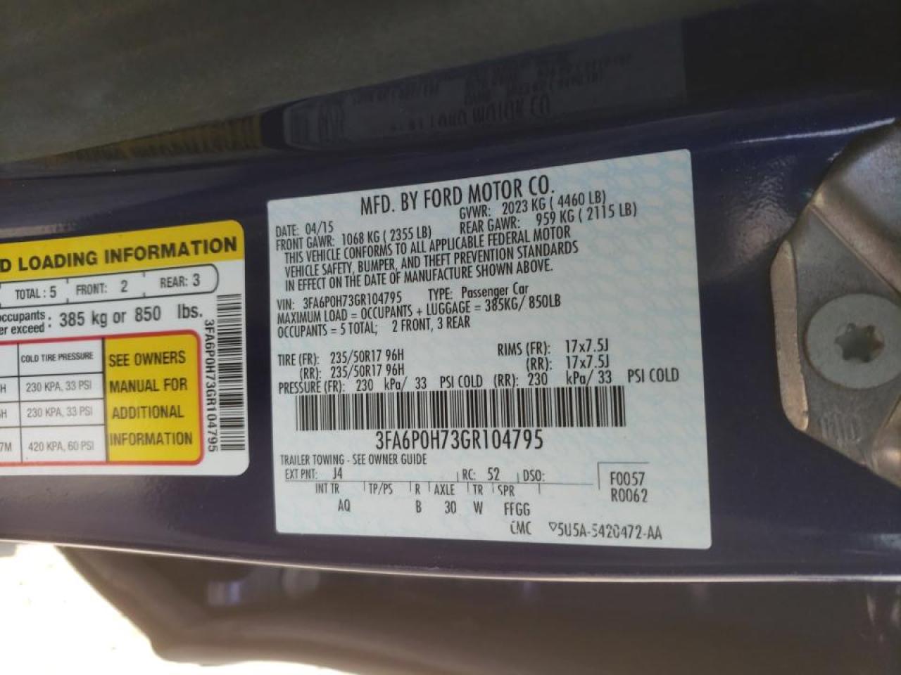 Photo 10 from auction – 2016 FORD FUSION SE with VIN 3FA6P0H73GR104795
