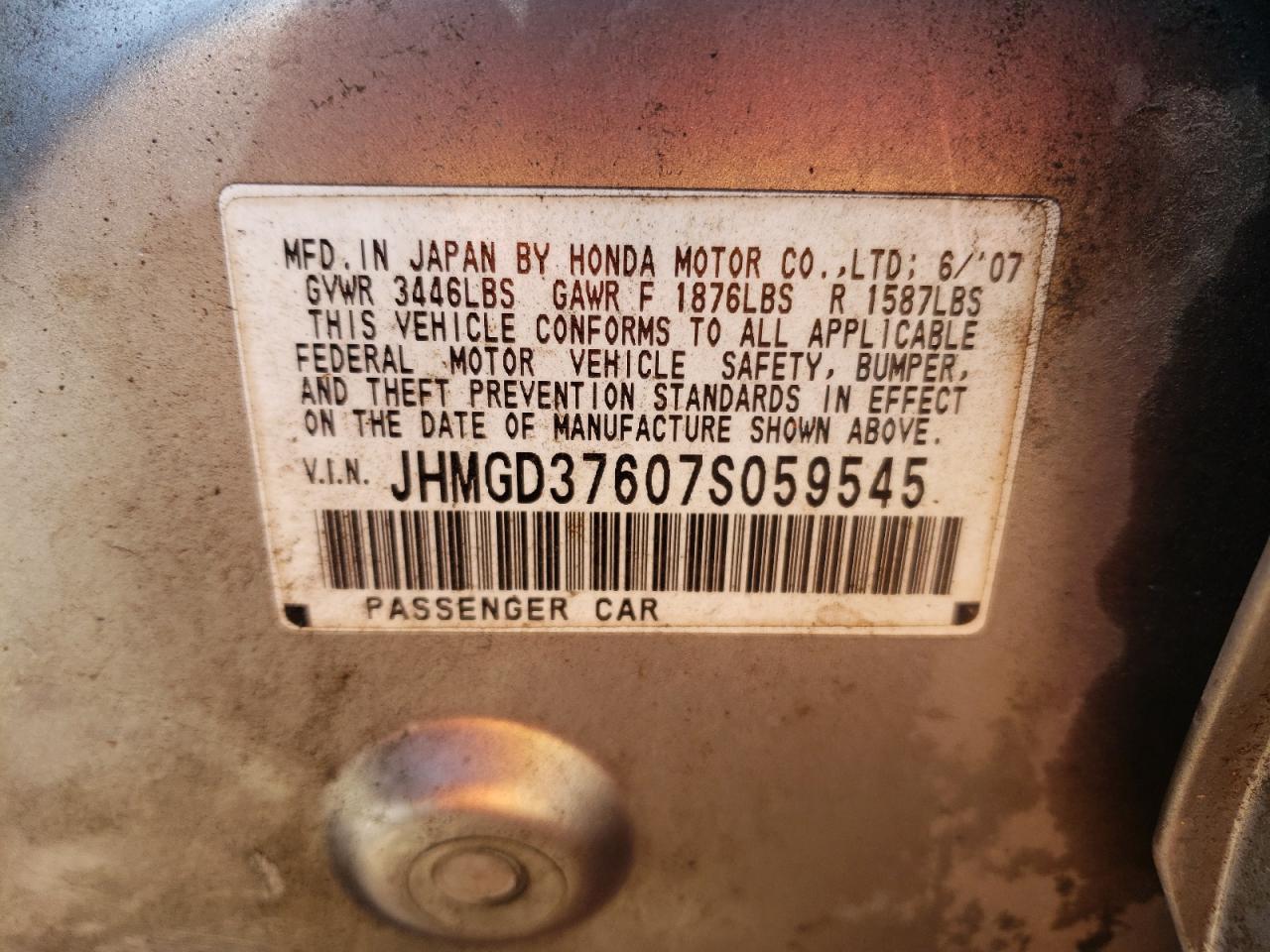 Photo 10 from auction – 2007 HONDA FIT S with VIN JHMGD37607S059545