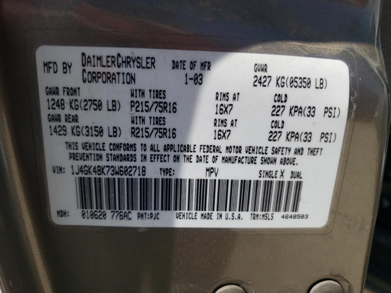 Photo 10 from auction – 2003 JEEP LIBERTY SP with VIN 1J4GK48K73W602718