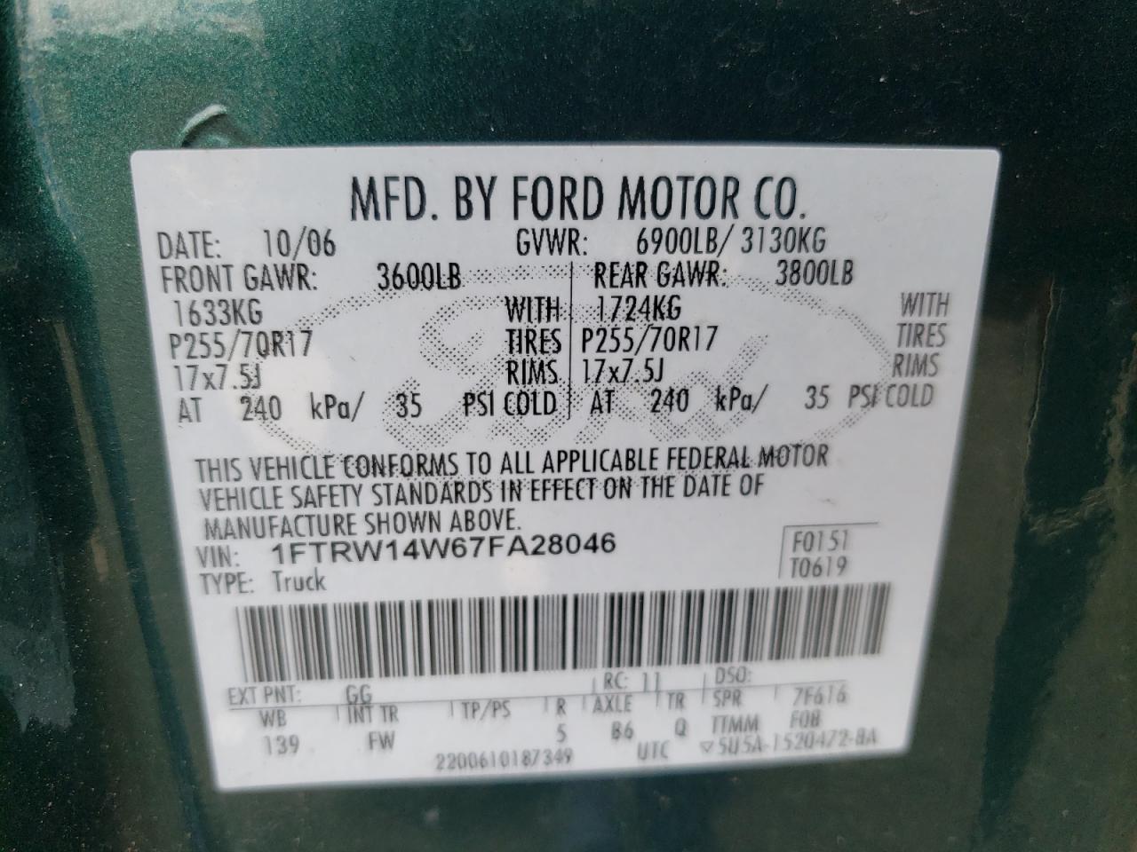 Photo 10 from auction – 2007 FORD F150 SUPER with VIN 1FTRW14W67FA28046