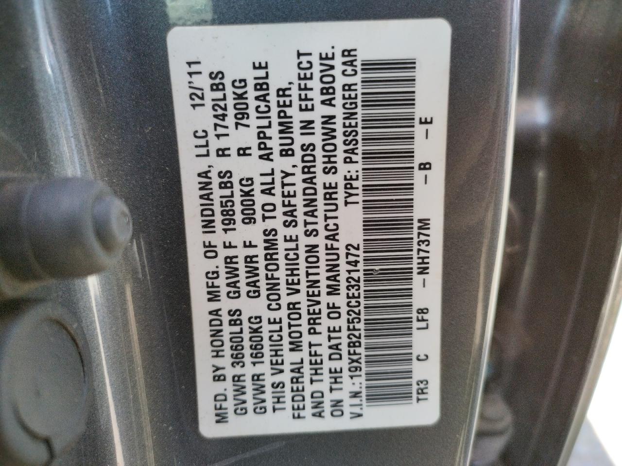 Photo 10 from auction – 2012 HONDA CIVIC LX with VIN 19XFB2F52CE321472
