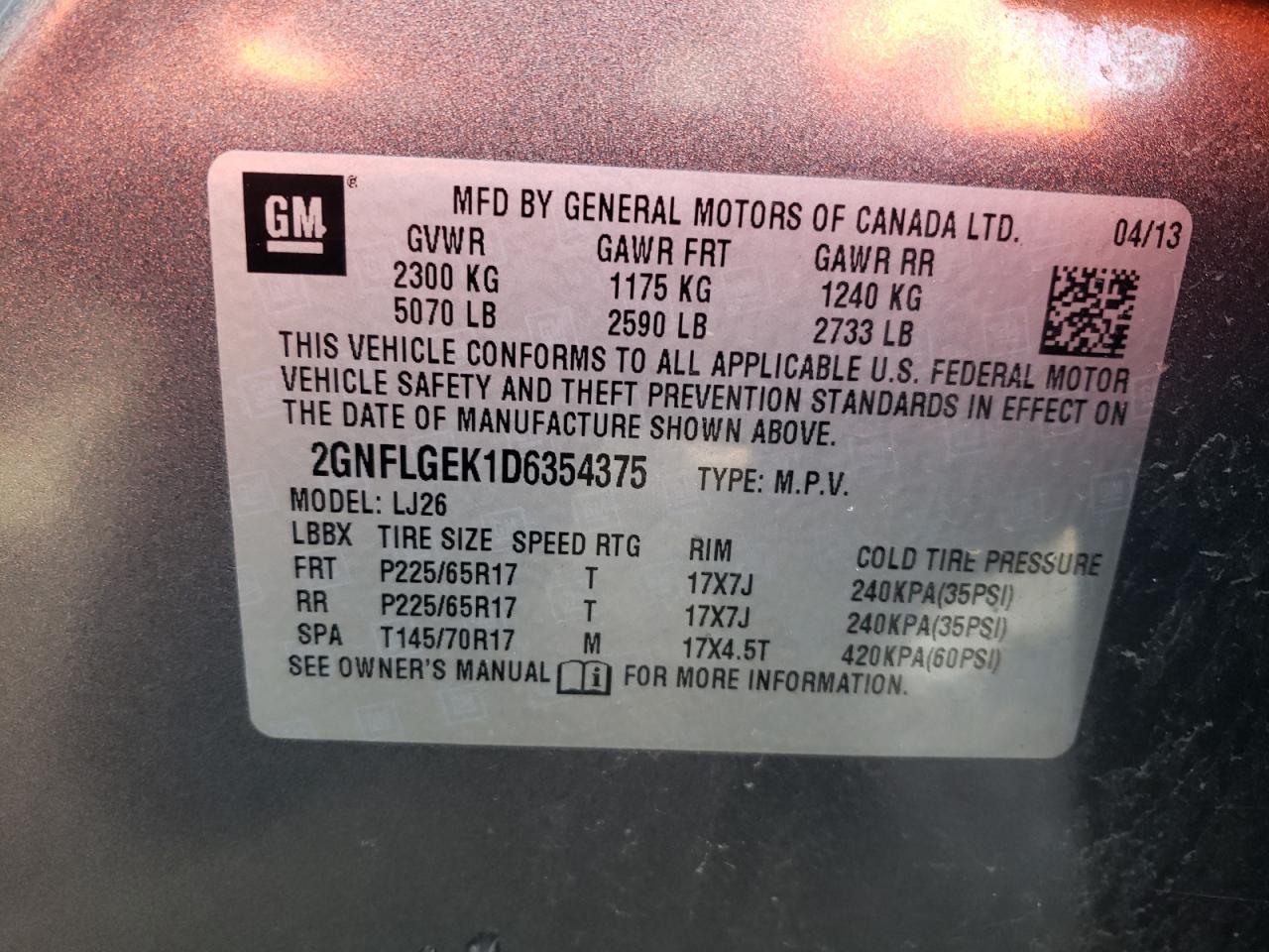 Photo 10 from auction – 2013 CHEVROLET EQUINOX LT with VIN 2GNFLGEK1D6354375