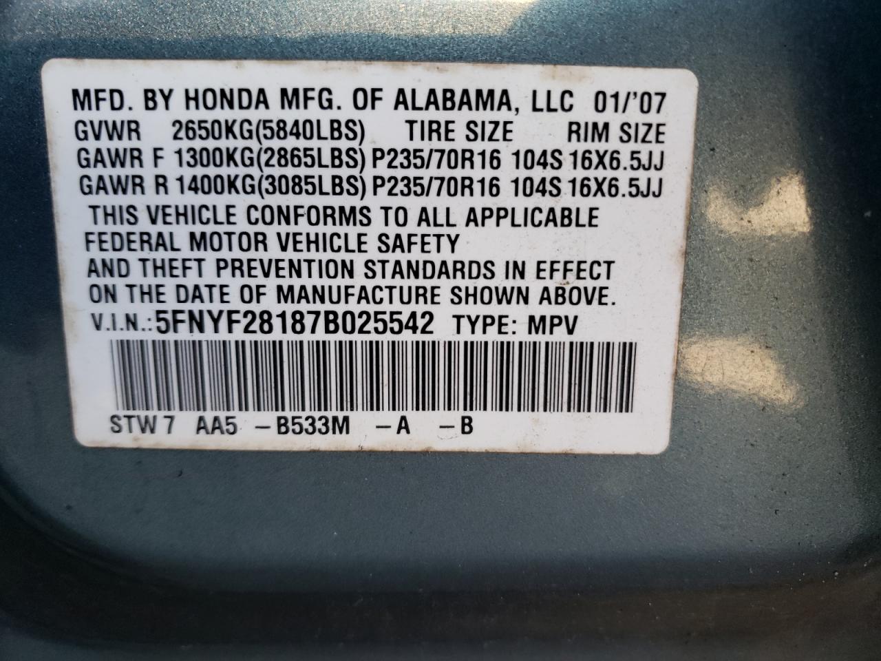 Photo 10 from auction – 2007 HONDA PILOT LX with VIN 5FNYF28187B025542