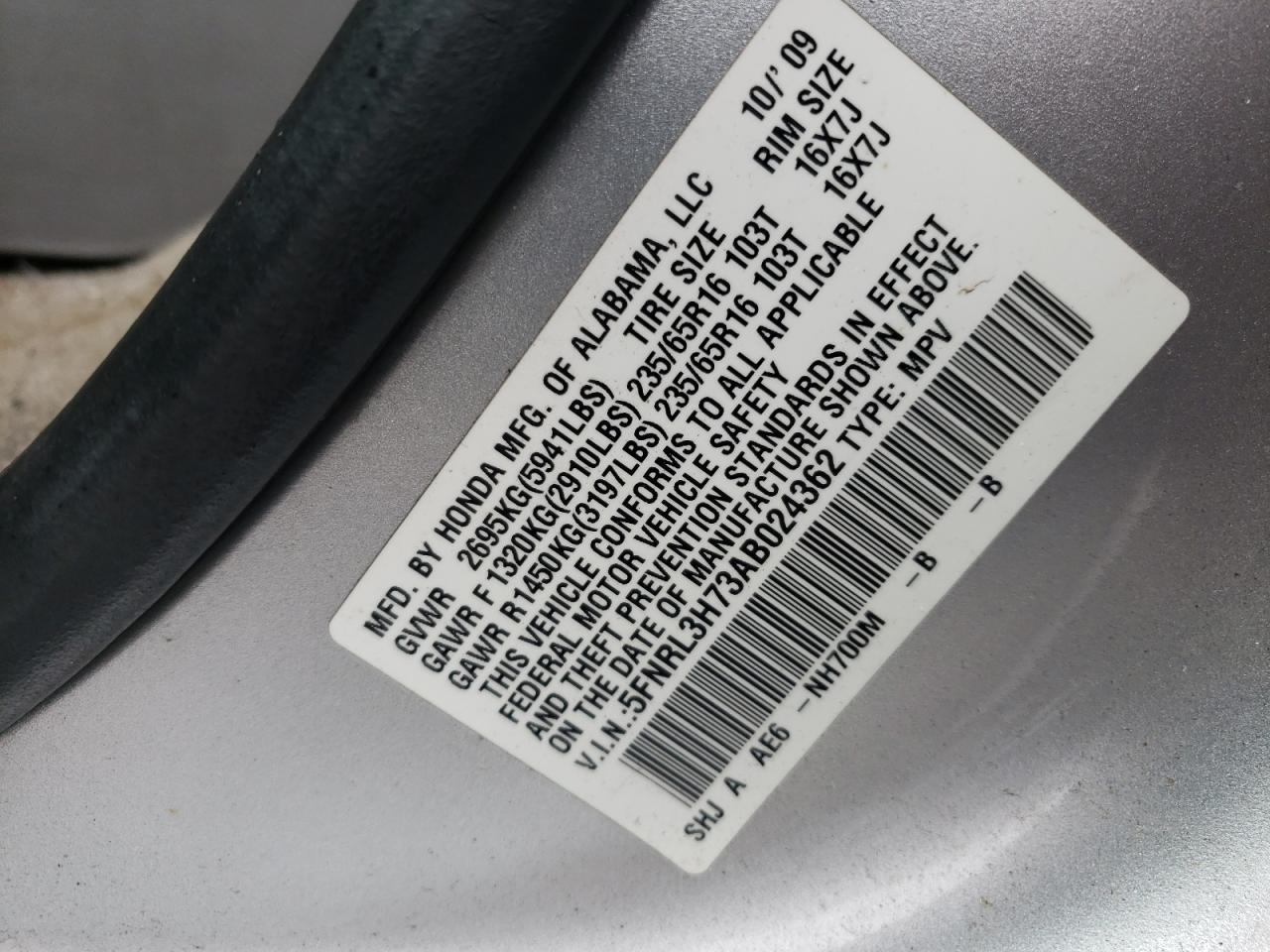 Photo 10 from auction – 2010 HONDA ODYSSEY EX with VIN 5FNRL3H73AB024362