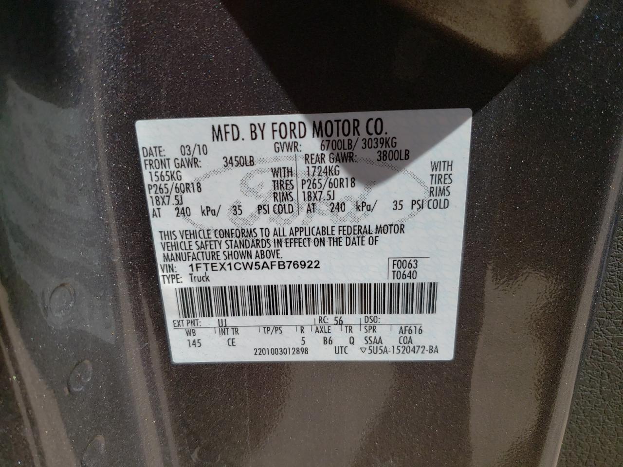 Photo 10 from auction – 2010 FORD F150 SUPER with VIN 1FTEX1CW5AFB76922