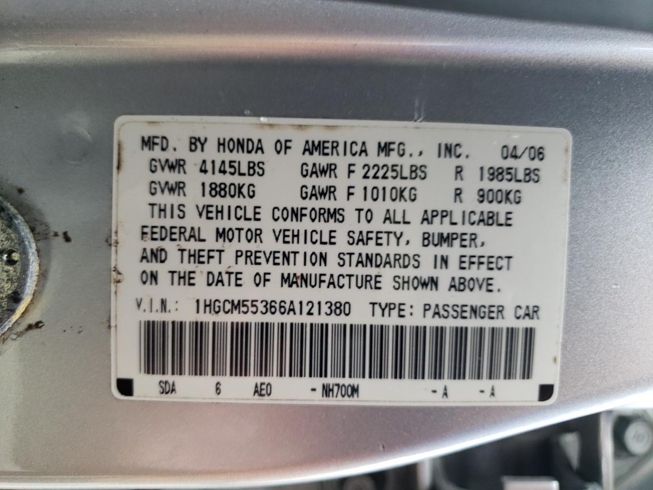 Photo 10 from auction – 2006 HONDA ACCORD SE with VIN 1HGCM55366A121380
