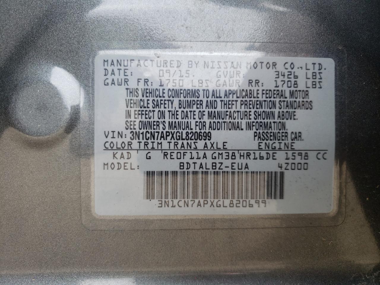 Photo 10 from auction – 2016 NISSAN VERSA with VIN 3N1CN7APXGL820699