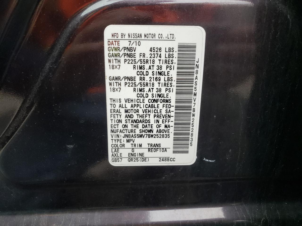 Photo 10 from auction – 2011 NISSAN ROGUE S with VIN JN8AS5MV7BW252835