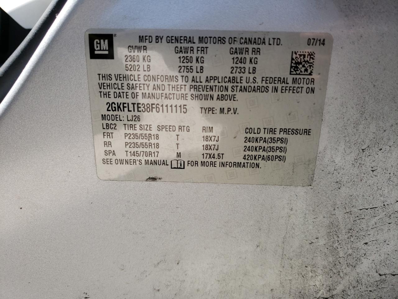 Photo 10 from auction – 2015 GMC TERRAIN SL with VIN 2GKFLTE38F6111115