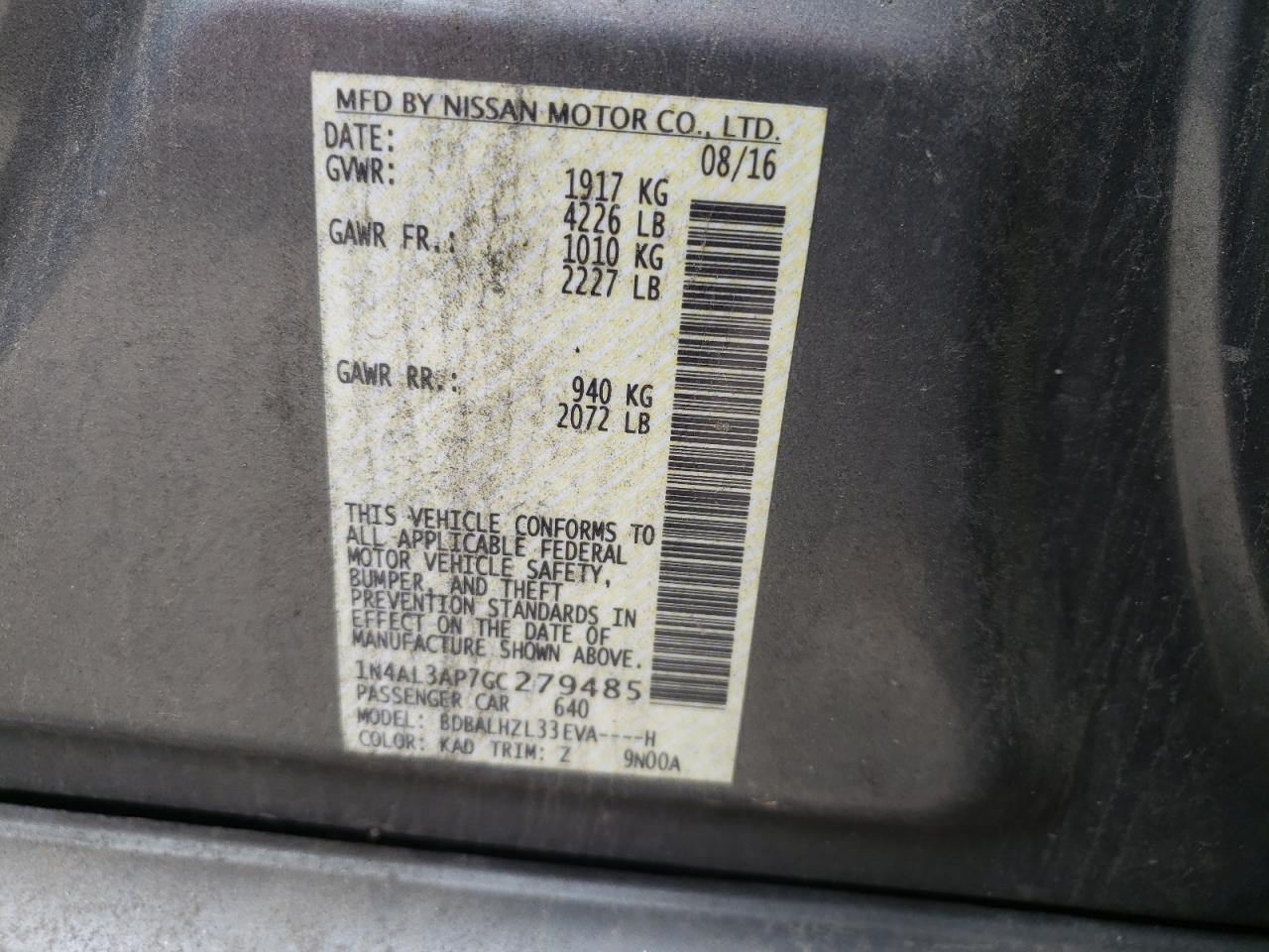 Photo 10 from auction – 2016 NISSAN ALTIMA 2.5 with VIN 1N4AL3AP7GC279485