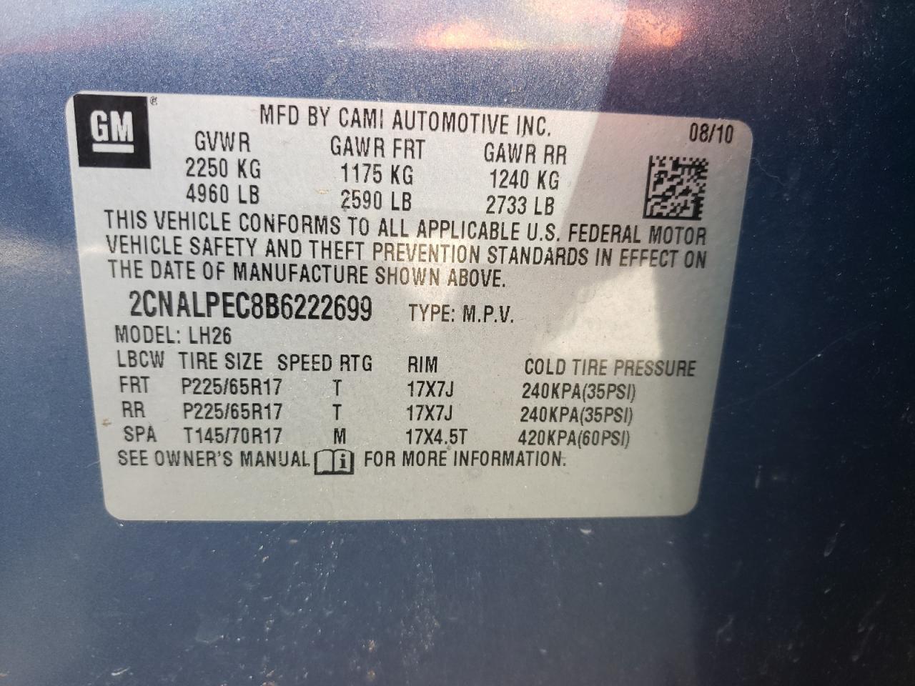 Photo 10 from auction – 2011 CHEVROLET EQUINOX LT with VIN 2CNALPEC8B6222699