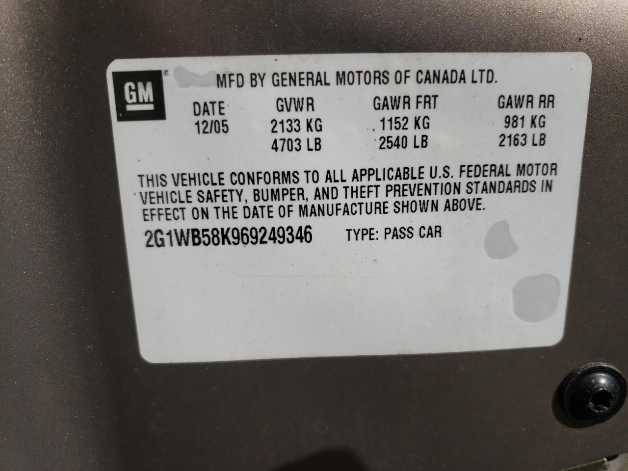 Photo 10 from auction – 2006 CHEVROLET IMPALA LS with VIN 2G1WB58K969249346