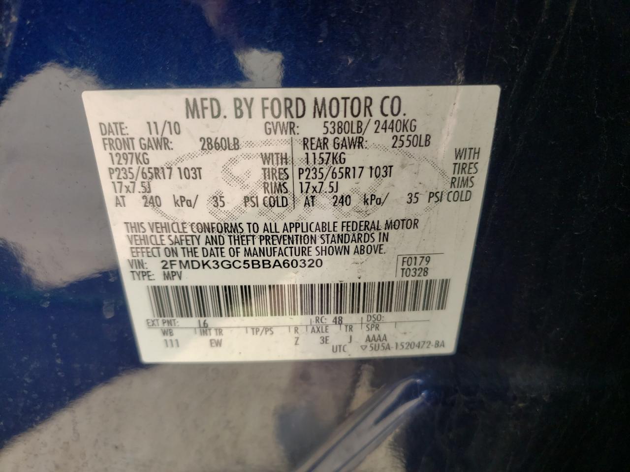 Photo 10 from auction – 2011 FORD EDGE SE with VIN 2FMDK3GC5BBA60320