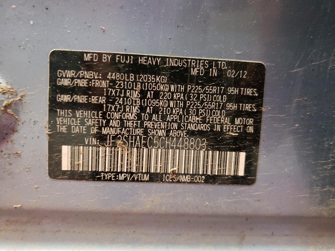 Photo 10 from auction – 2012 SUBARU FORESTER L with VIN JF2SHAEC5CH448803