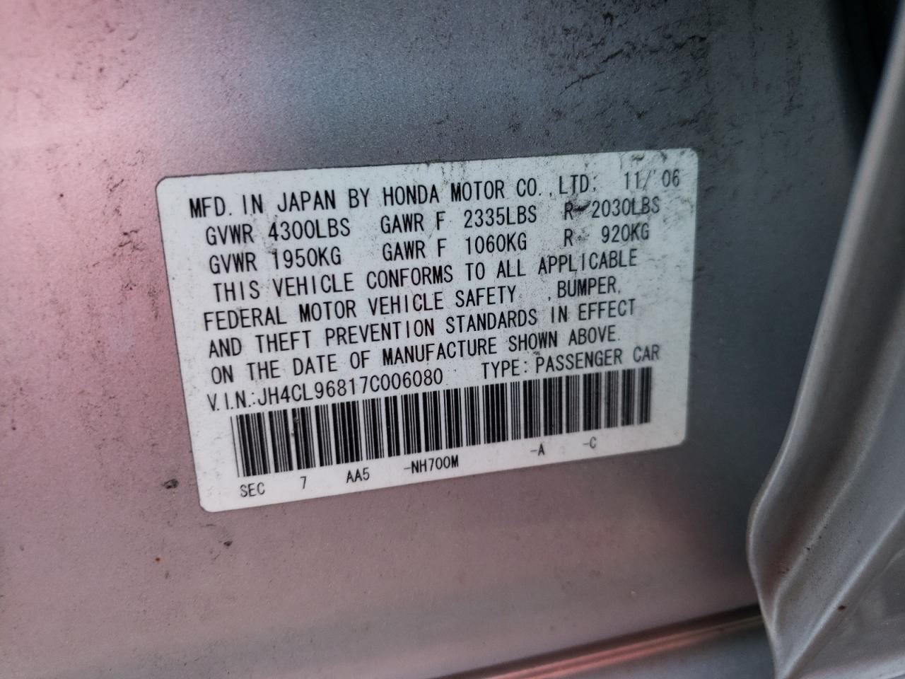 Photo 10 from auction – 2007 ACURA TSX with VIN JH4CL96817C006080