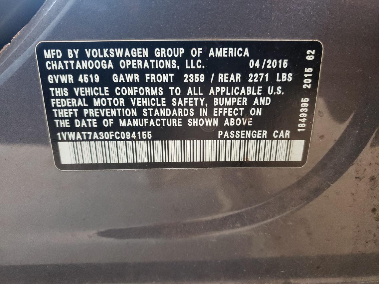 Photo 10 from auction – 2015 VOLKSWAGEN PASSAT S with VIN 1VWAT7A30FC094155