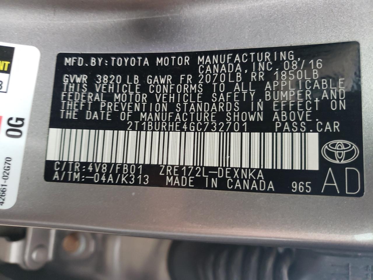 Photo 10 from auction – 2016 TOYOTA COROLLA L with VIN 2T1BURHE4GC732701