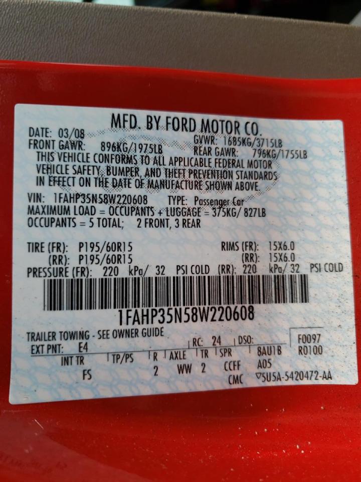 Photo 10 from auction – 2008 FORD FOCUS SE with VIN 1FAHP35N58W220608