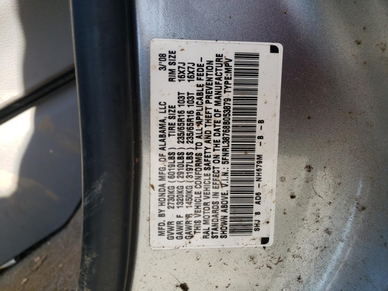 Photo 10 from auction – 2008 HONDA ODYSSEY EX with VIN 5FNRL38768B053879