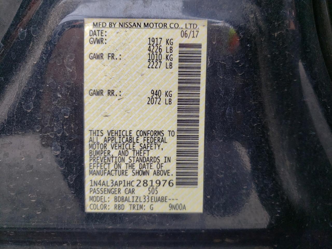 Photo 10 from auction – 2017 NISSAN ALTIMA 2.5 with VIN 1N4AL3AP1HC281976