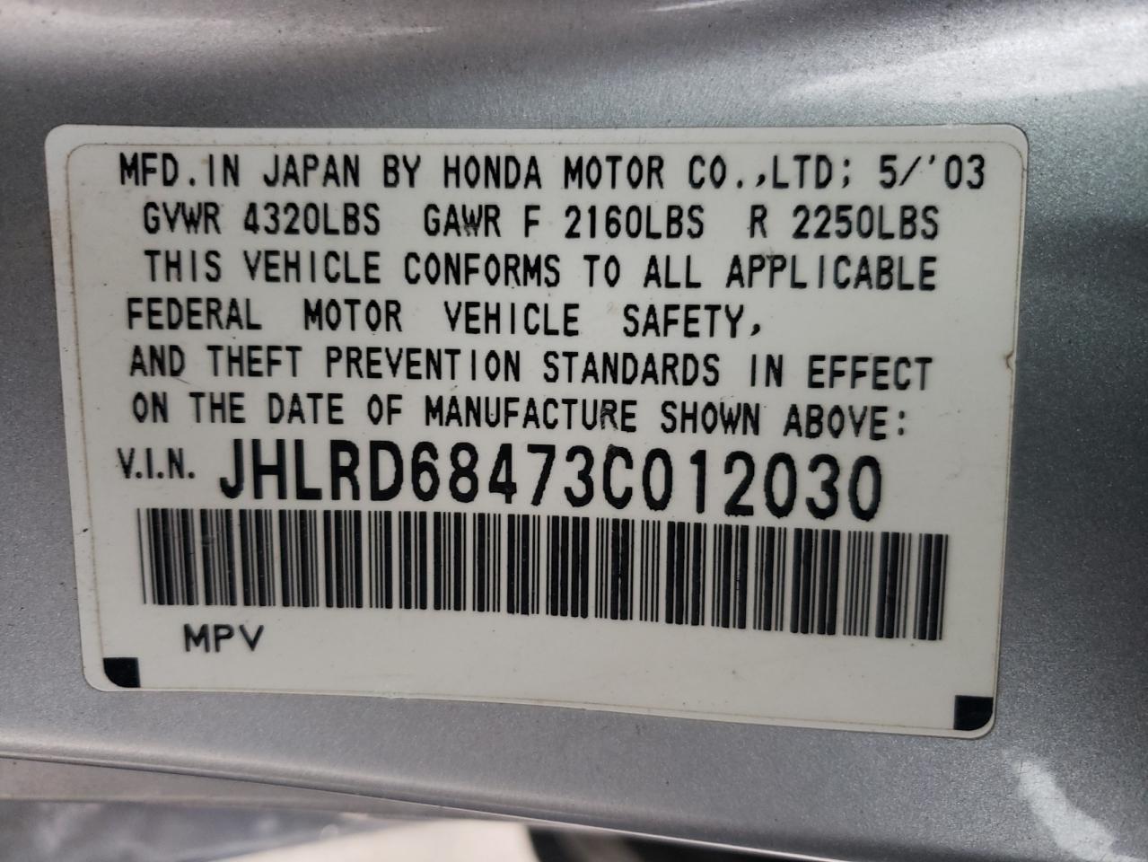 Photo 10 from auction – 2003 HONDA CR-V LX with VIN JHLRD68473C012030