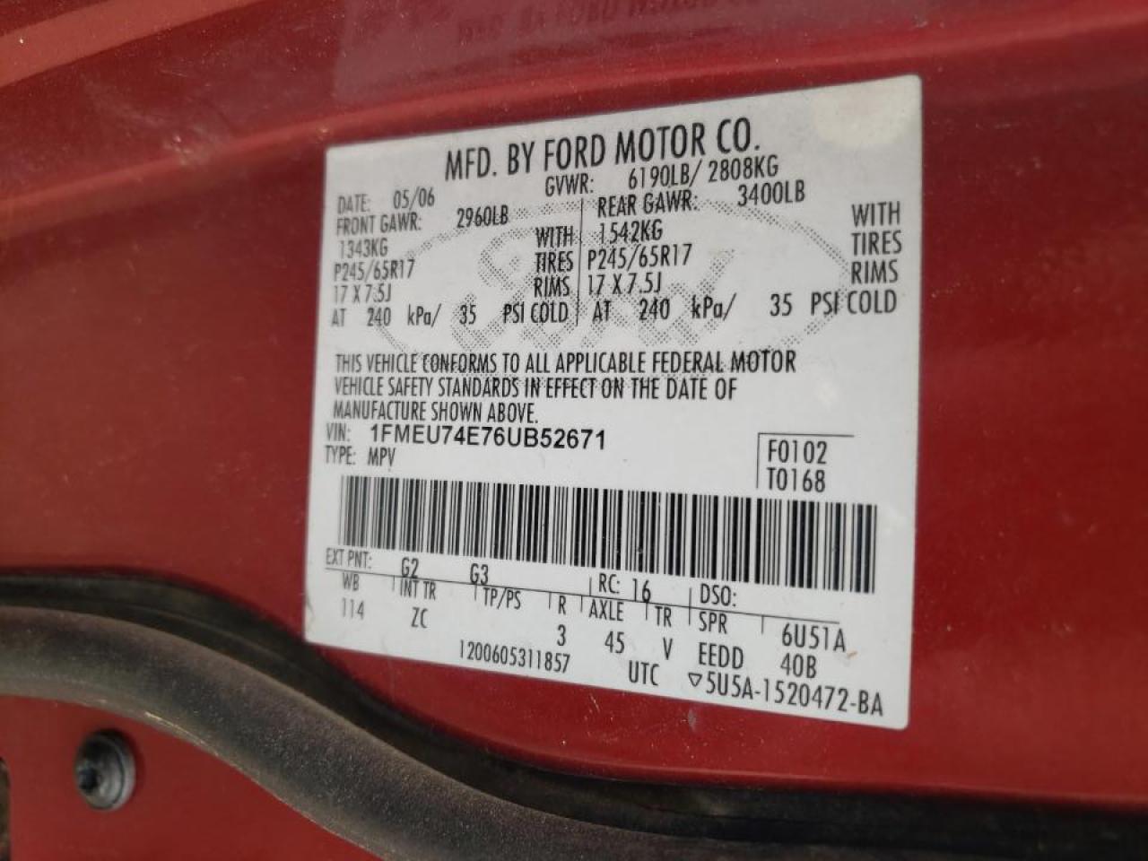 Photo 10 from auction – 2006 FORD EXPLORER E with VIN 1FMEU74E76UB52671