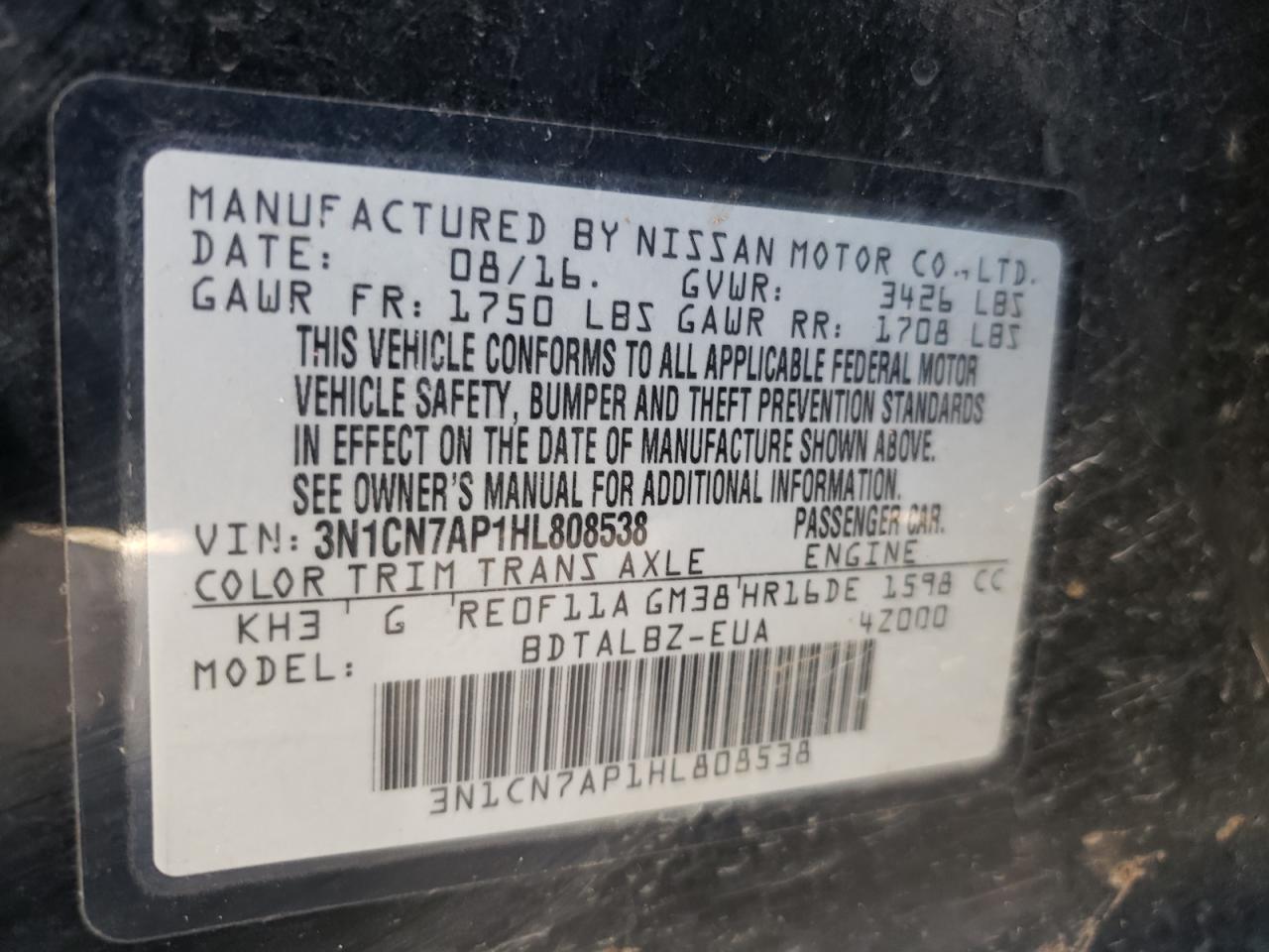 Photo 10 from auction – 2017 NISSAN VERSA S with VIN 3N1CN7AP1HL808538