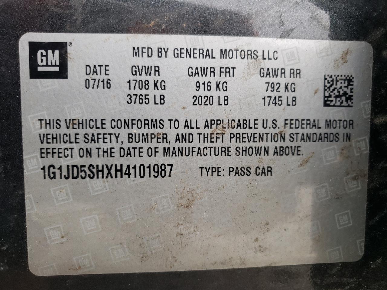 Photo 10 from auction – 2017 CHEVROLET SONIC LT with VIN 1G1JD5SHXH4101987