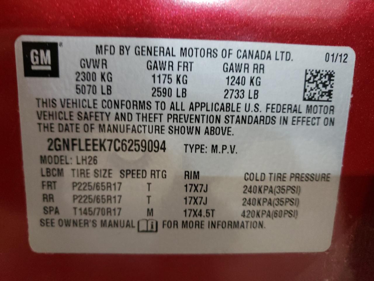 Photo 10 from auction – 2012 CHEVROLET EQUINOX LT with VIN 2GNFLEEK7C6259094